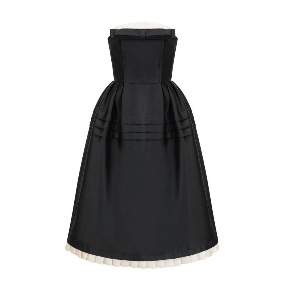 Muyeon Ji Black Midi Dress Bow Detail White Pleated Hem Size Medium - Picture 2 of 8